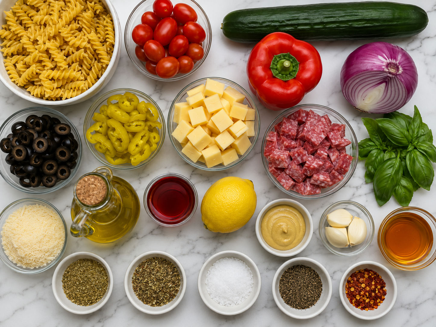 Ingredients for loaded rotini pasta salad arranged on a kitchen counter