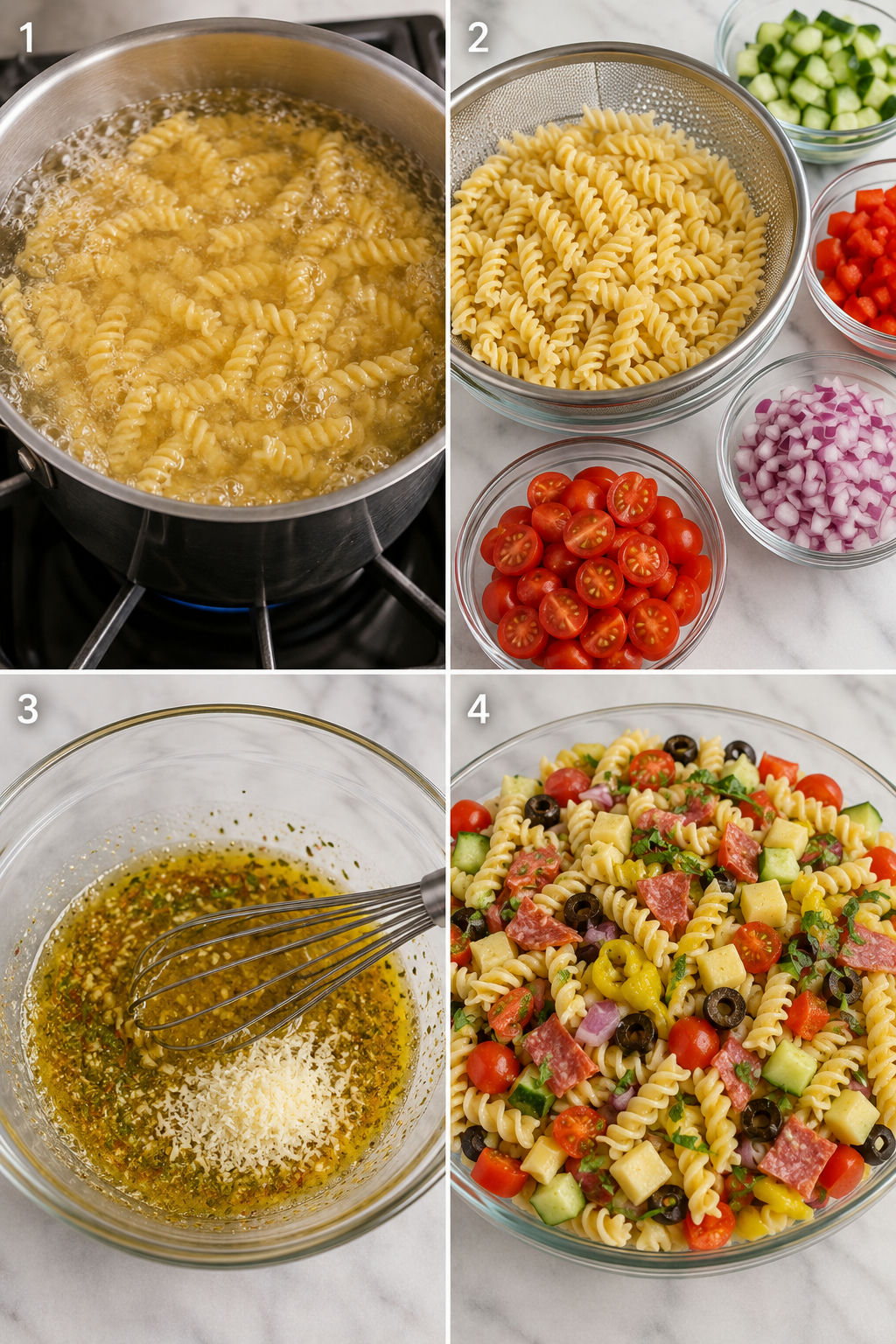 Four steps for making loaded rotini pasta salad with homemade dressing
