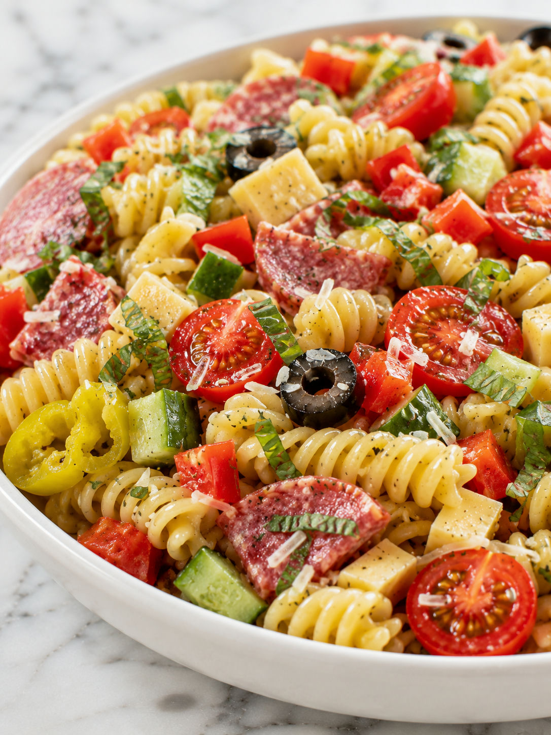 Loaded Italian rotini pasta salad in a white bowl with basil and salami