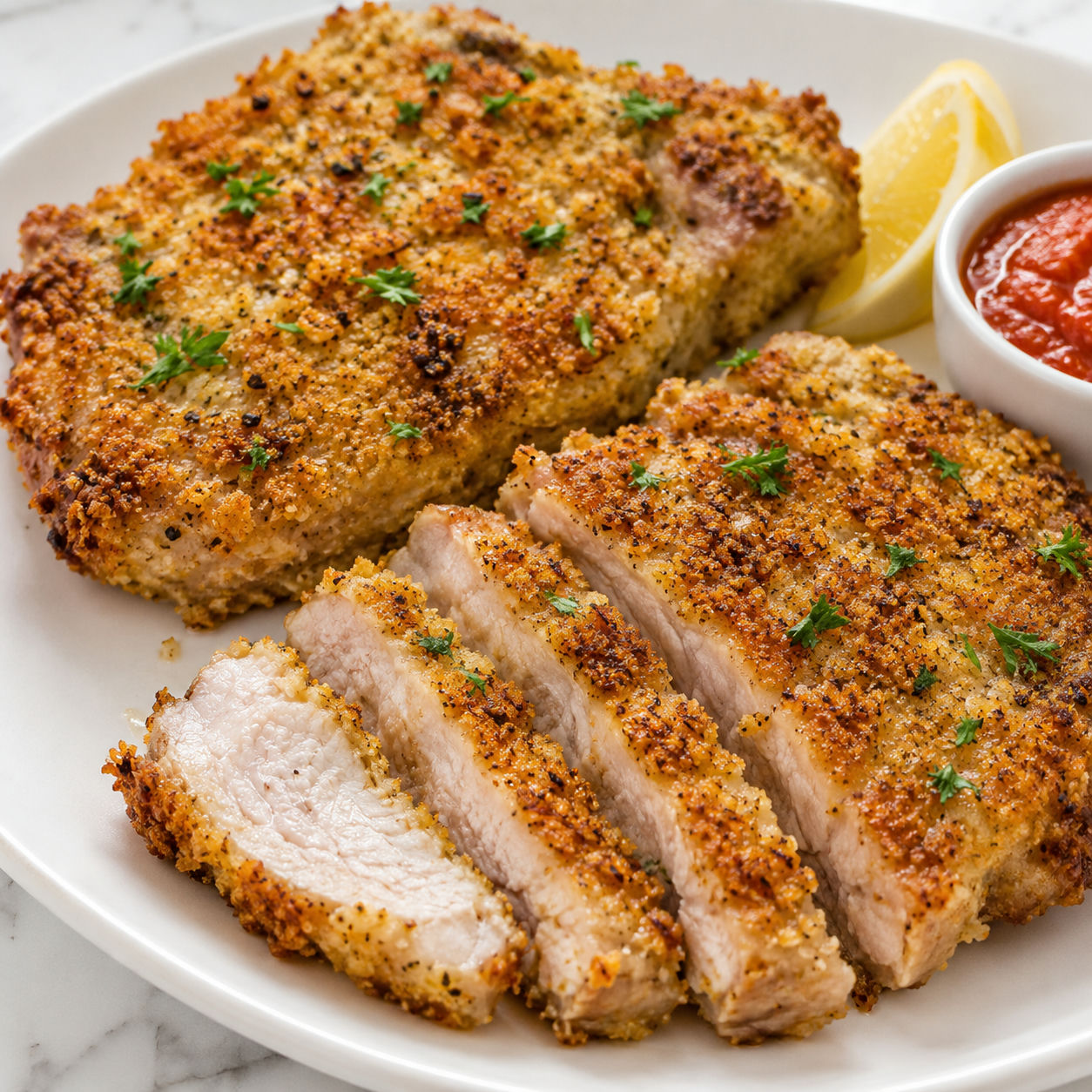Crispy Parmesan pork chops with parsley and lemon on a white plate