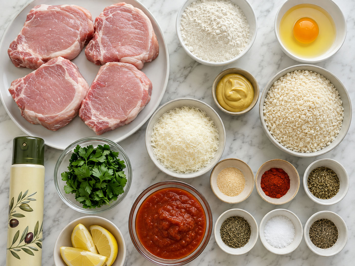 Raw pork chops with panko, Parmesan, egg, Dijon, spices, lemon, and parsley