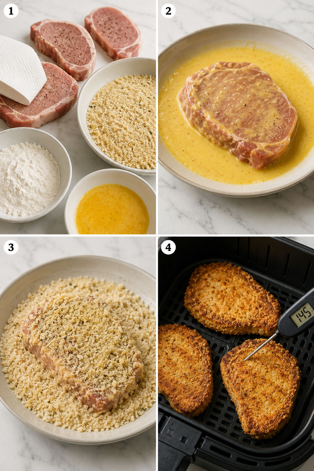 Four steps for breading and air frying Parmesan pork chops