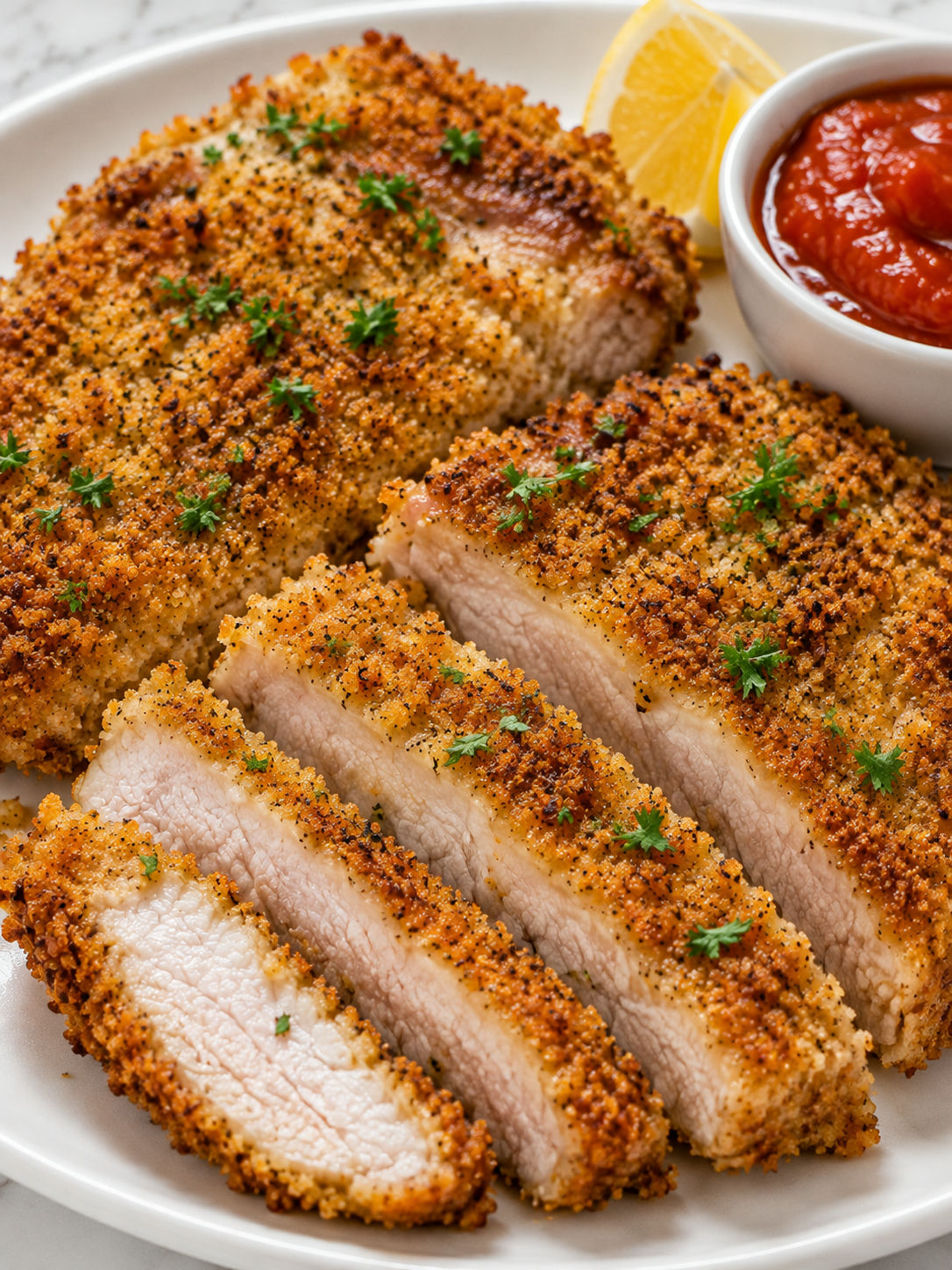 Sliced crispy Parmesan pork chop with lemon, parsley, and marinara