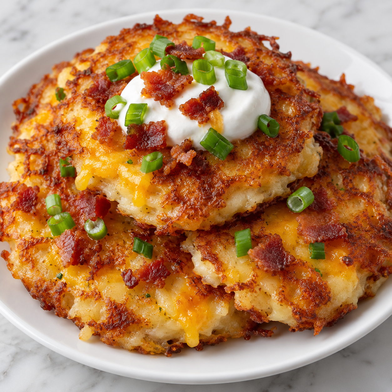 Golden potato pancakes with bacon, cheddar, green onion, and sour cream