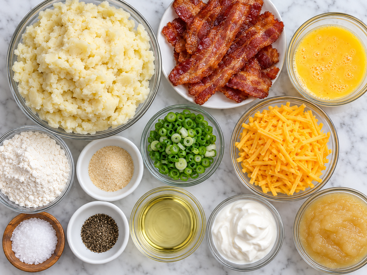 Ingredients for bacon cheddar potato pancakes on a wooden counter