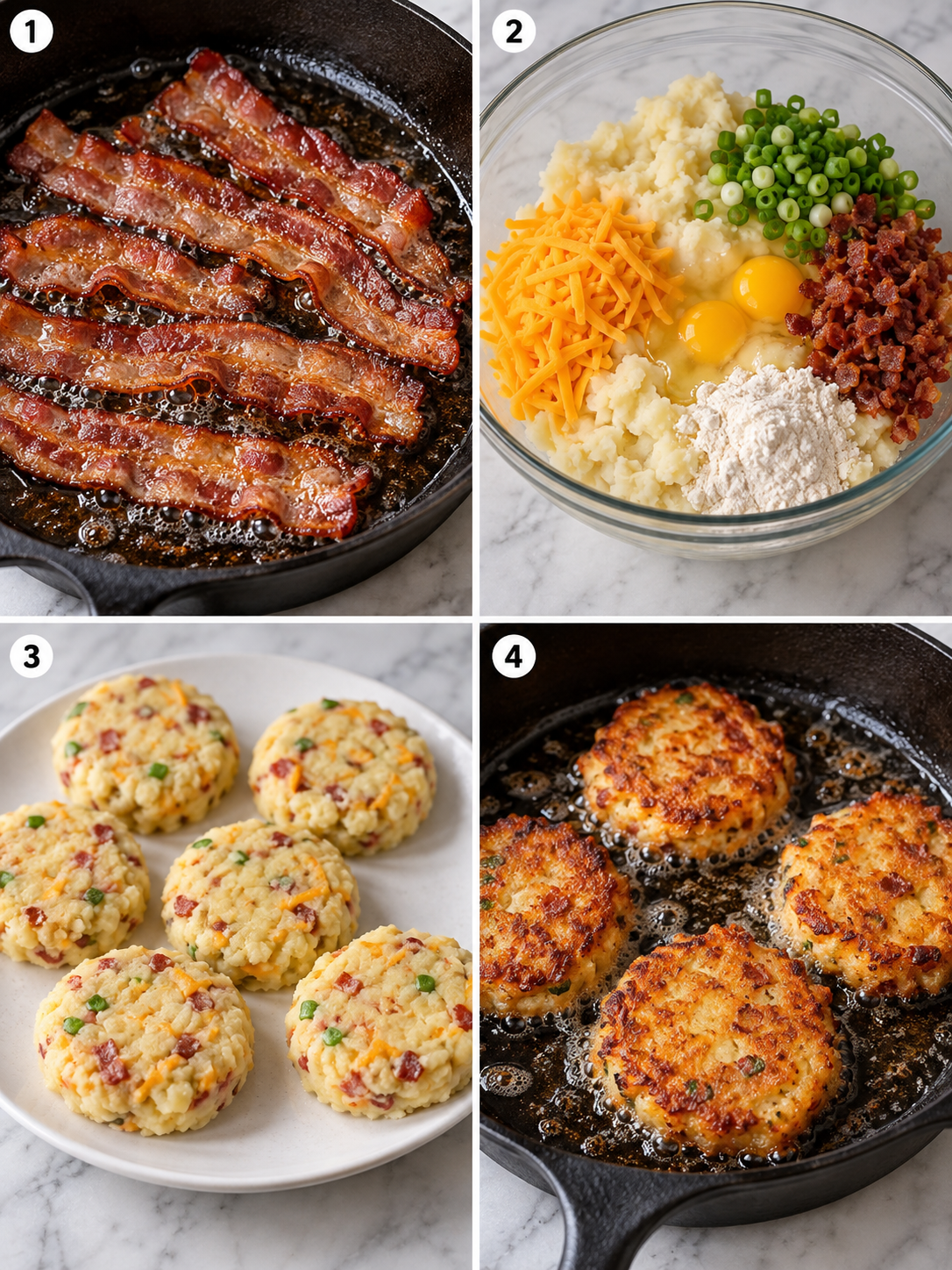Four cooking steps for bacon cheddar potato pancakes
