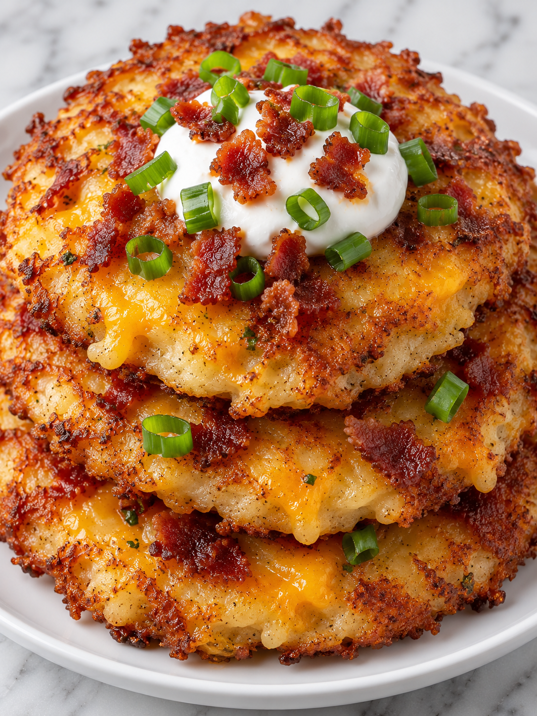 Stacked bacon cheddar potato pancakes with sour cream and green onions