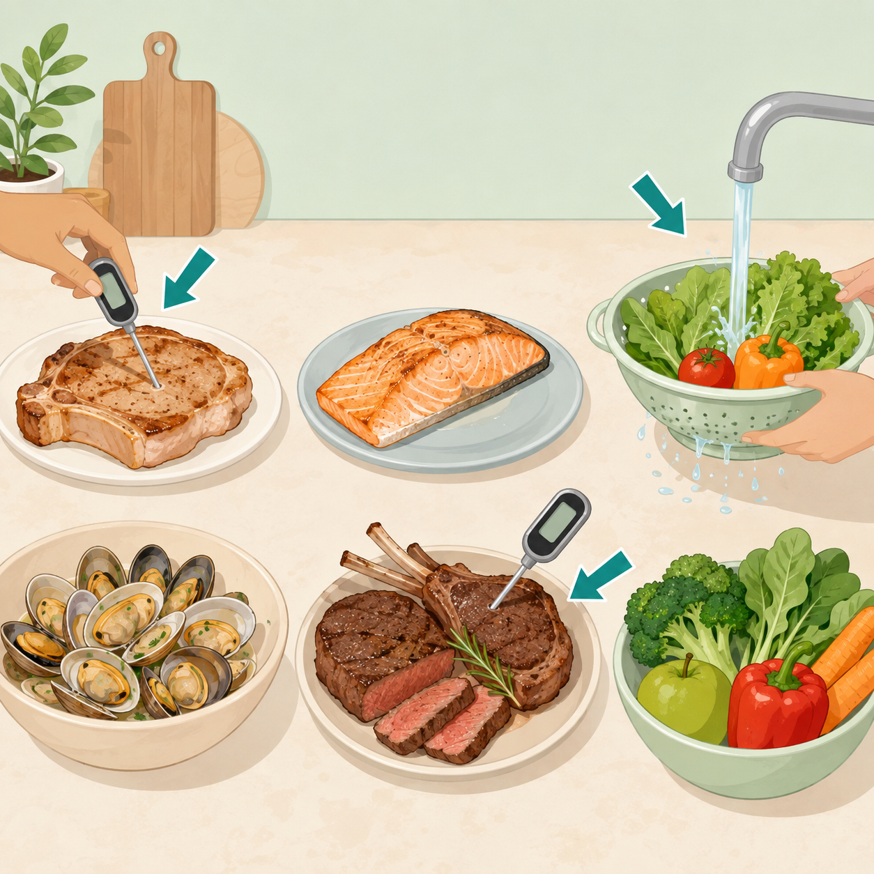 Illustration of five common food groups being prepared safely to reduce parasite risk.