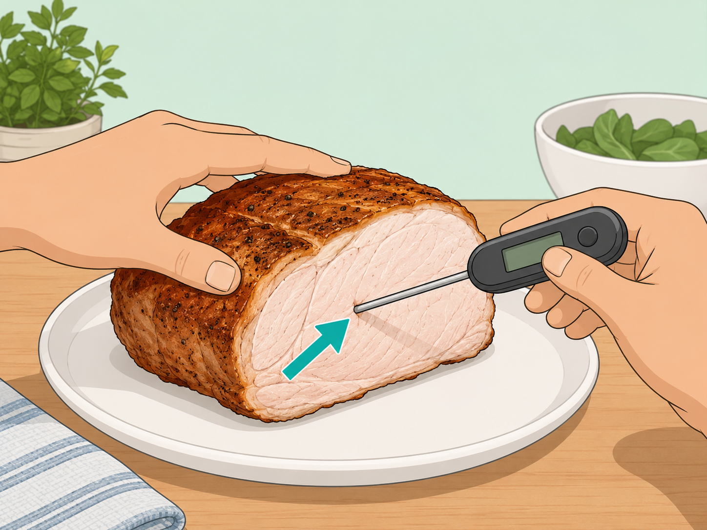 Hands using a food thermometer to check cooked pork.