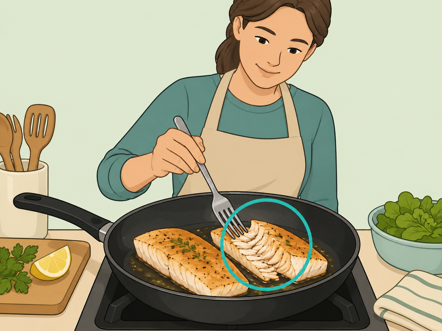 Person cooking fish until it is opaque and flakes easily.