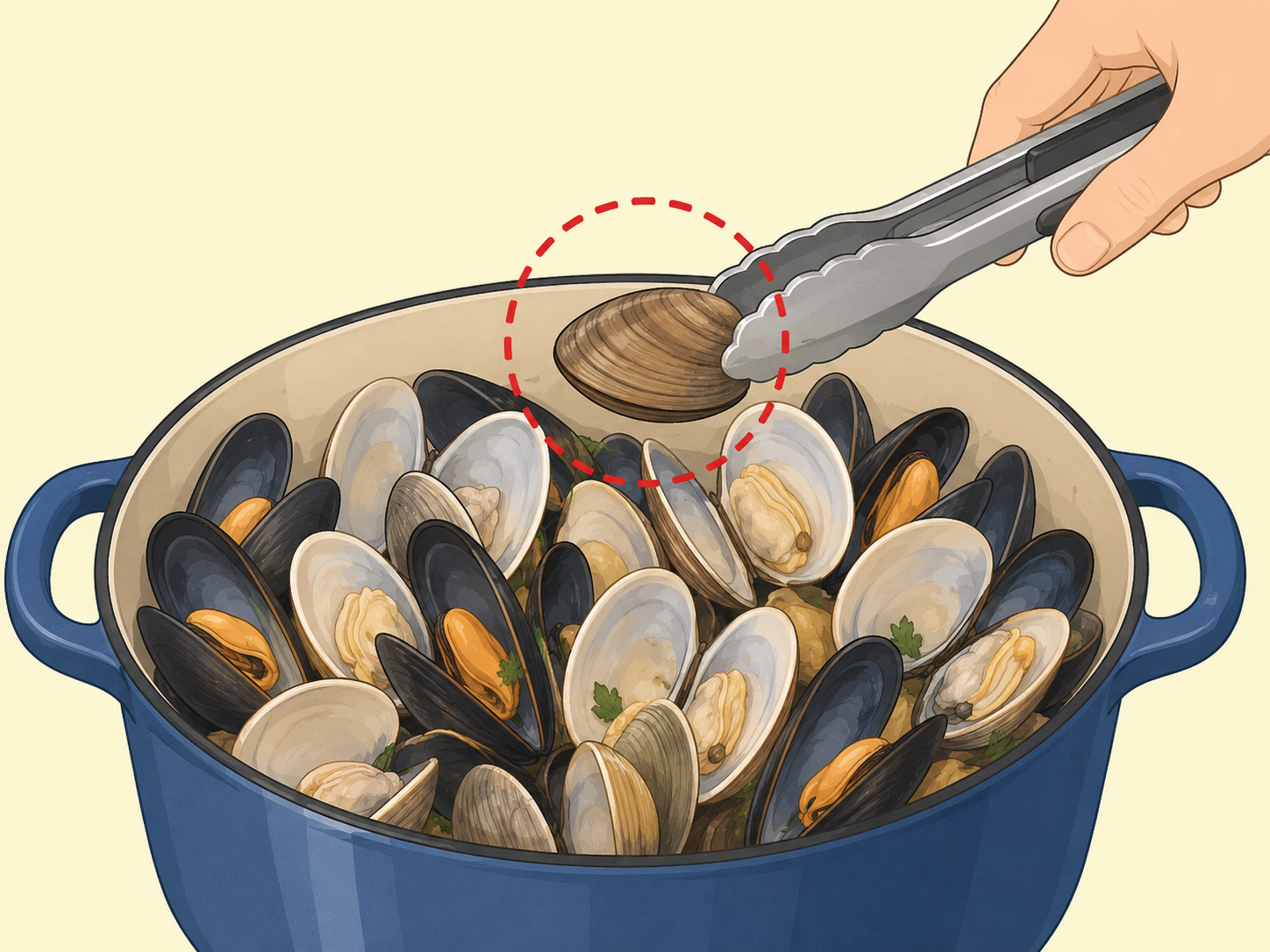 Cooked shellfish with open shells and a closed shell being discarded.
