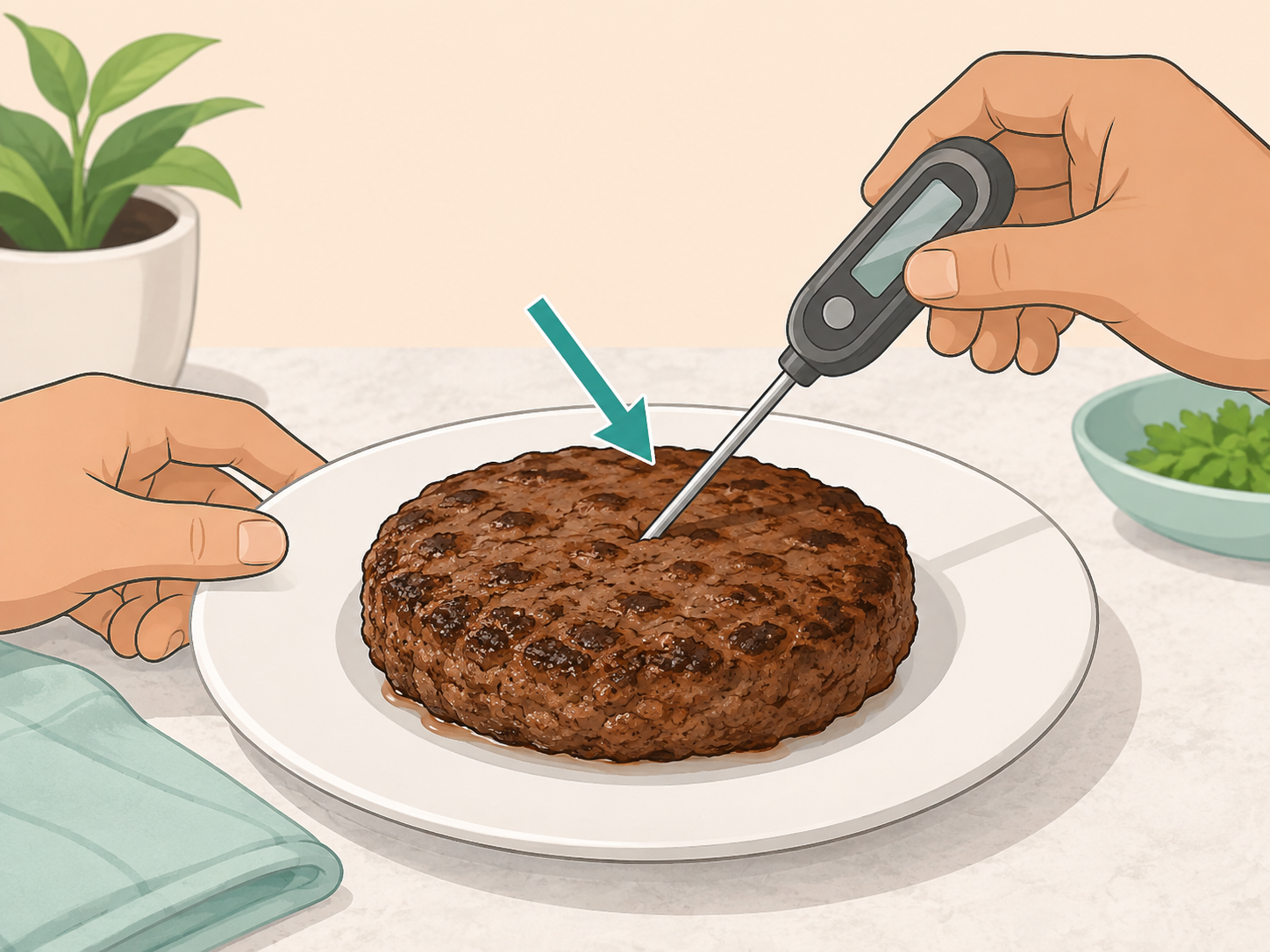 Hands checking cooked beef or lamb with a food thermometer.