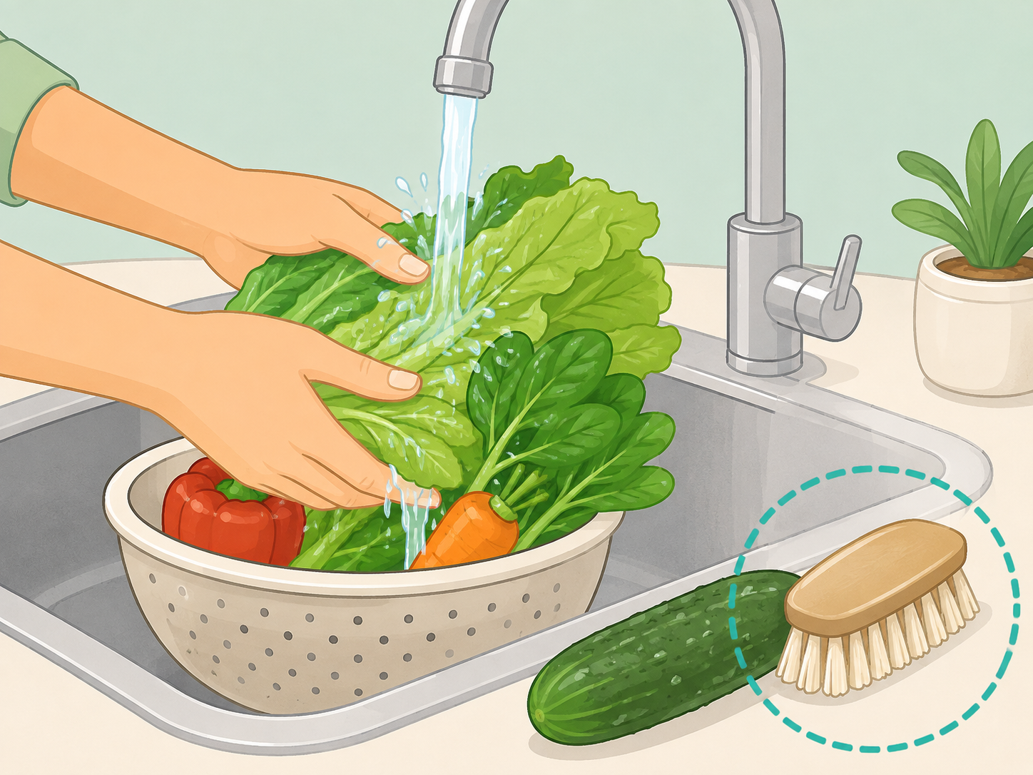 Hands washing fruits, vegetables, and herbs under running water.
