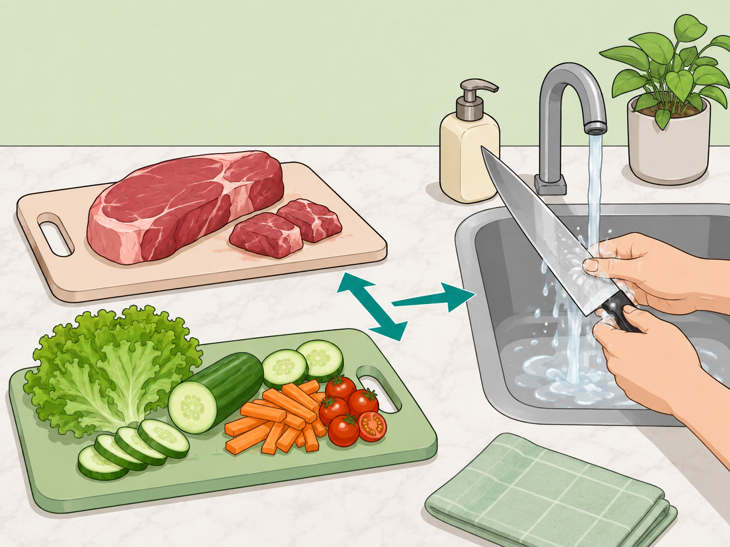Raw foods kept separate from ready-to-eat foods during preparation.