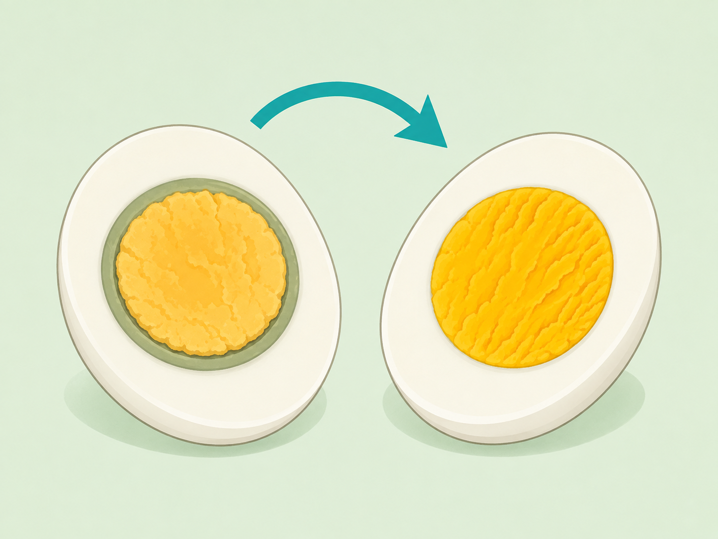 Illustration comparing a hard-boiled egg with a green ring to one with a bright yellow yolk.