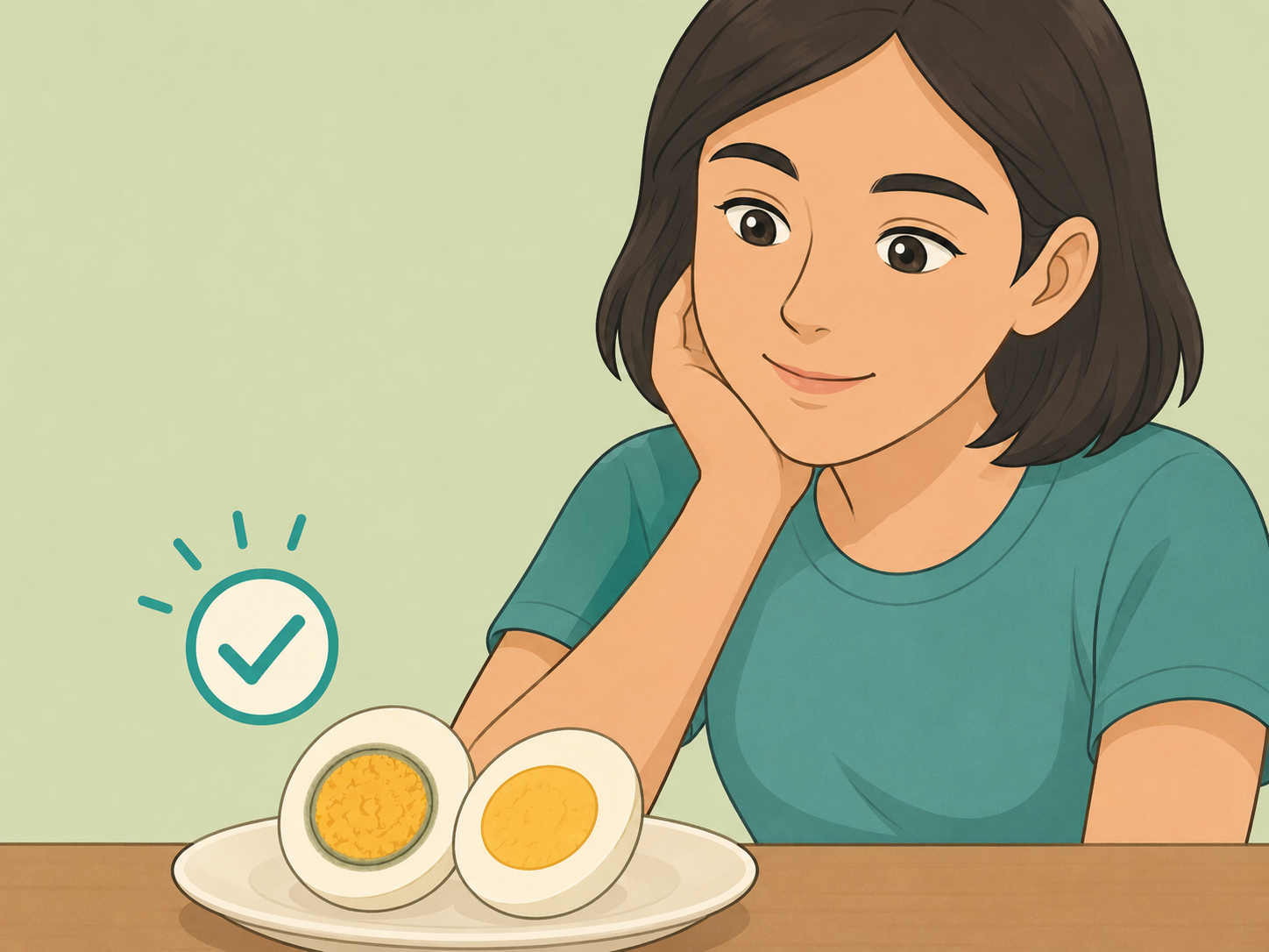 Person recognizing that a green ring on a hard-boiled egg is not spoilage by itself.