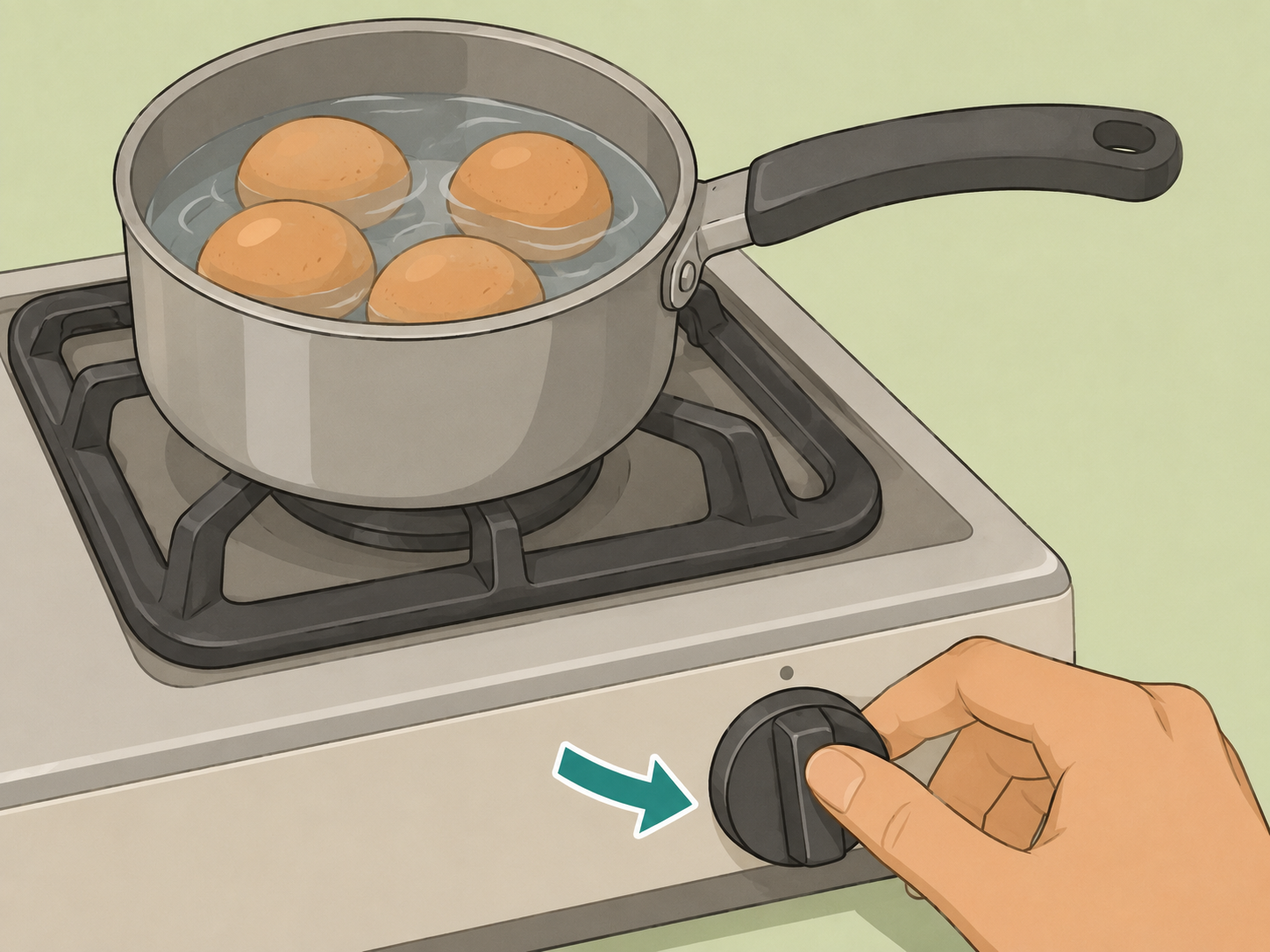 Hand turning down the heat to cook eggs gently.