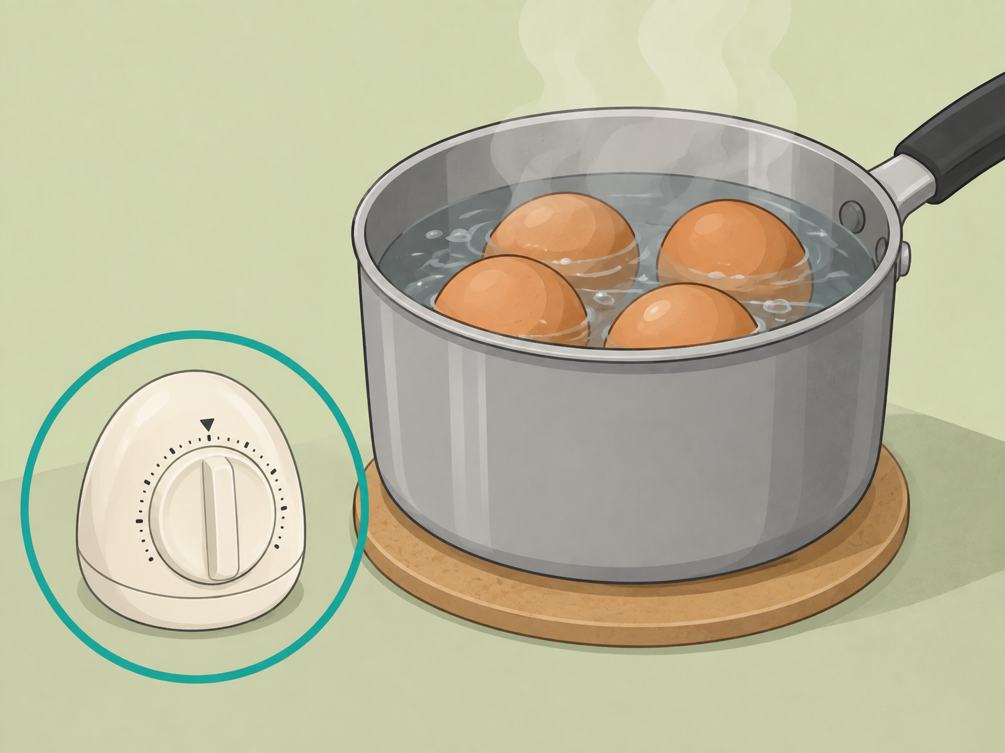 Timer set beside a saucepan to avoid overcooking hard-boiled eggs.