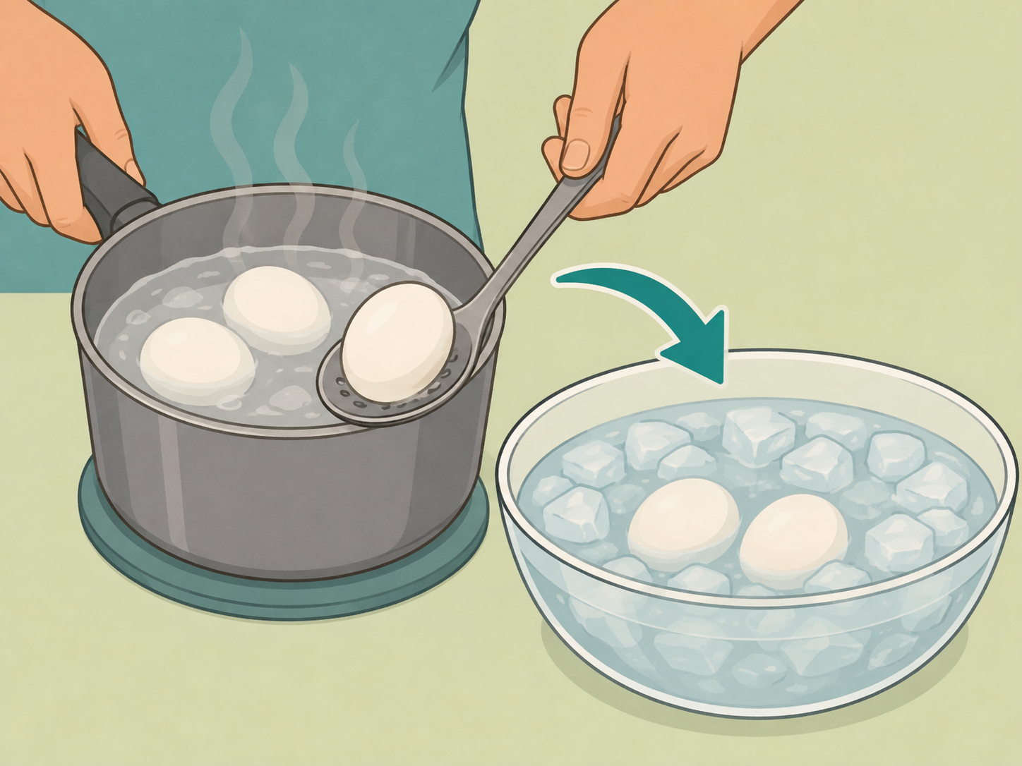 Cooked eggs being transferred into an ice water bath.