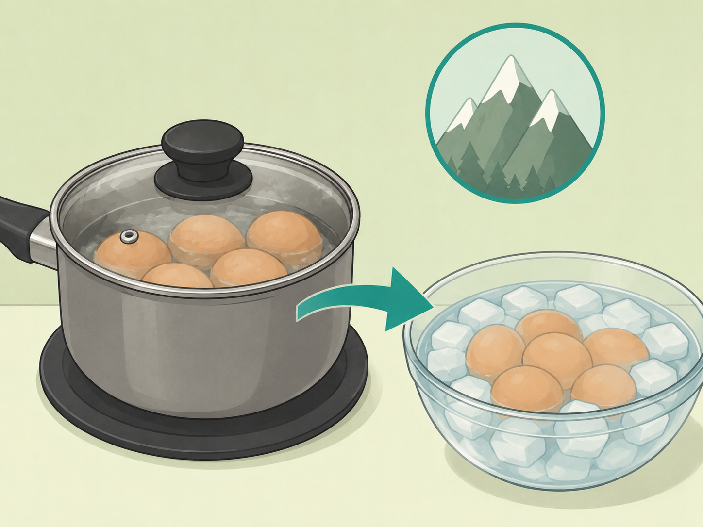 High-altitude egg cooking setup with cold water ready for cooling.