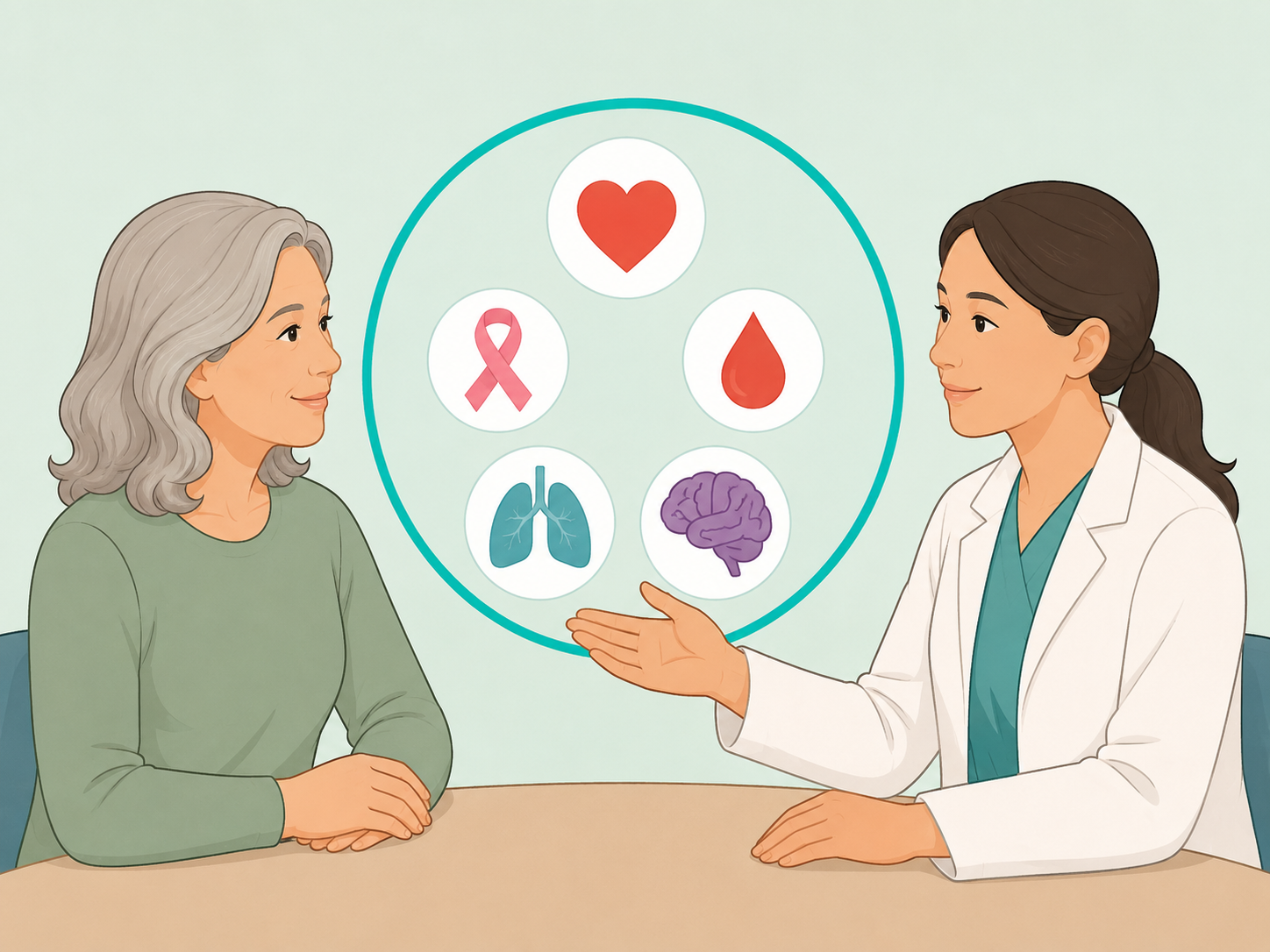 Older adult reviewing five major health areas with a clinician.