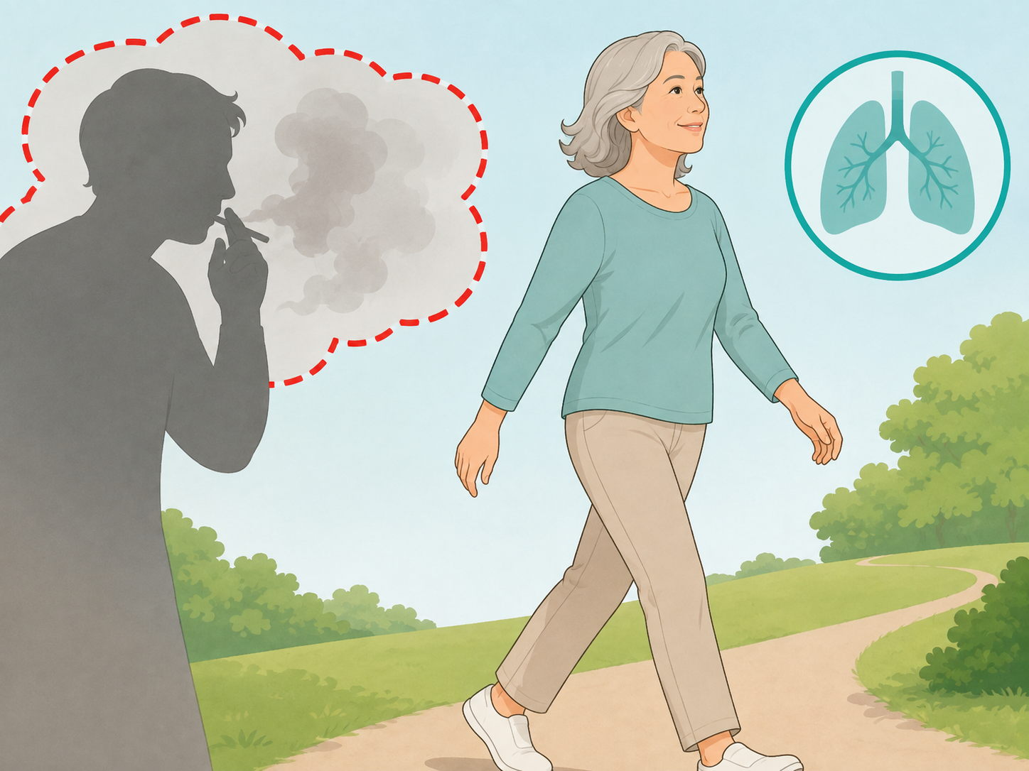 Older adult protecting lung health by avoiding smoke.