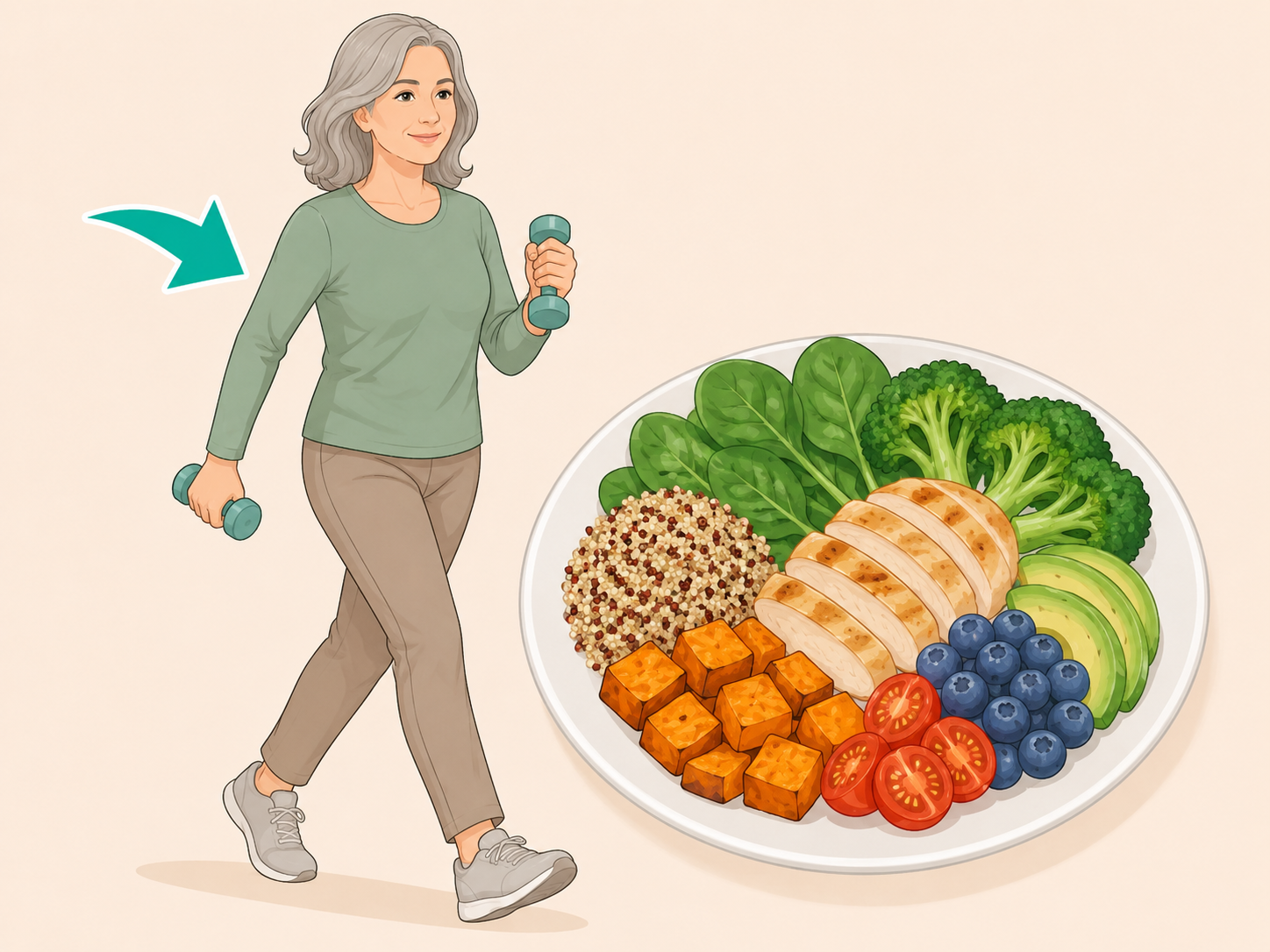 Older adult building healthy habits with exercise and nutritious food.