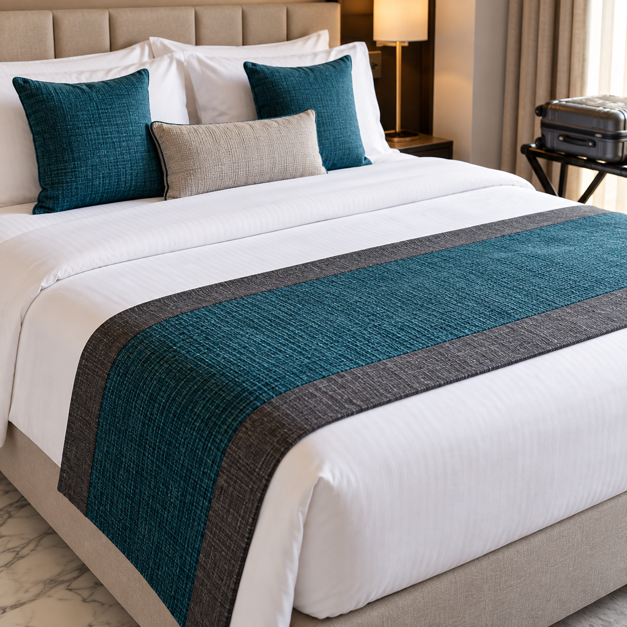 Hotel bed with white linens and a colorful runner across the foot