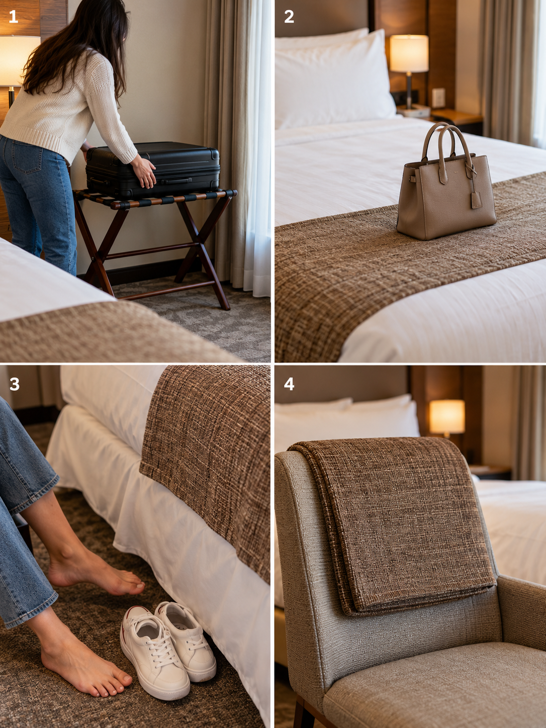 Four hotel room steps showing practical uses for a bed runner