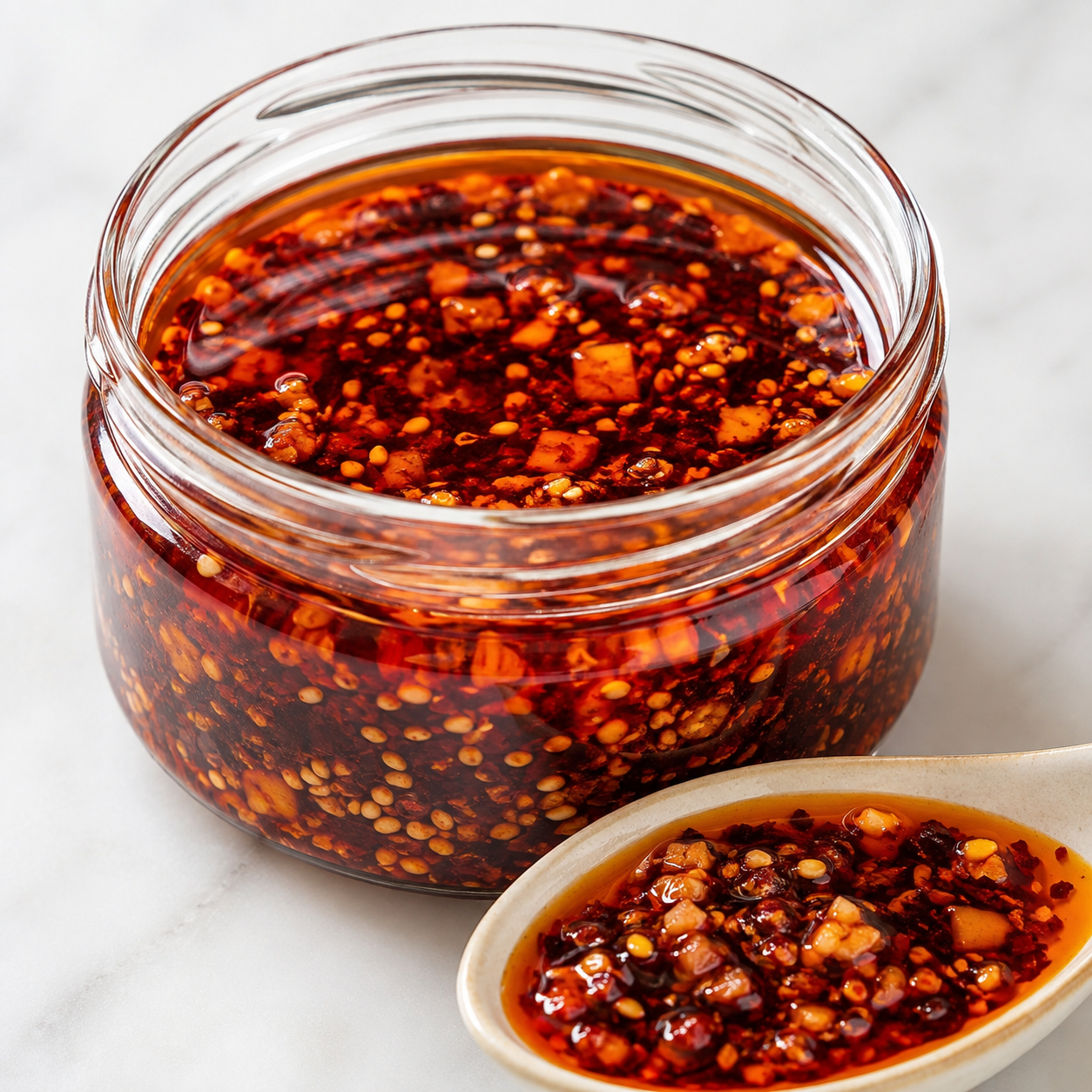 Quick chili garlic oil in a glass jar with golden garlic and sesame
