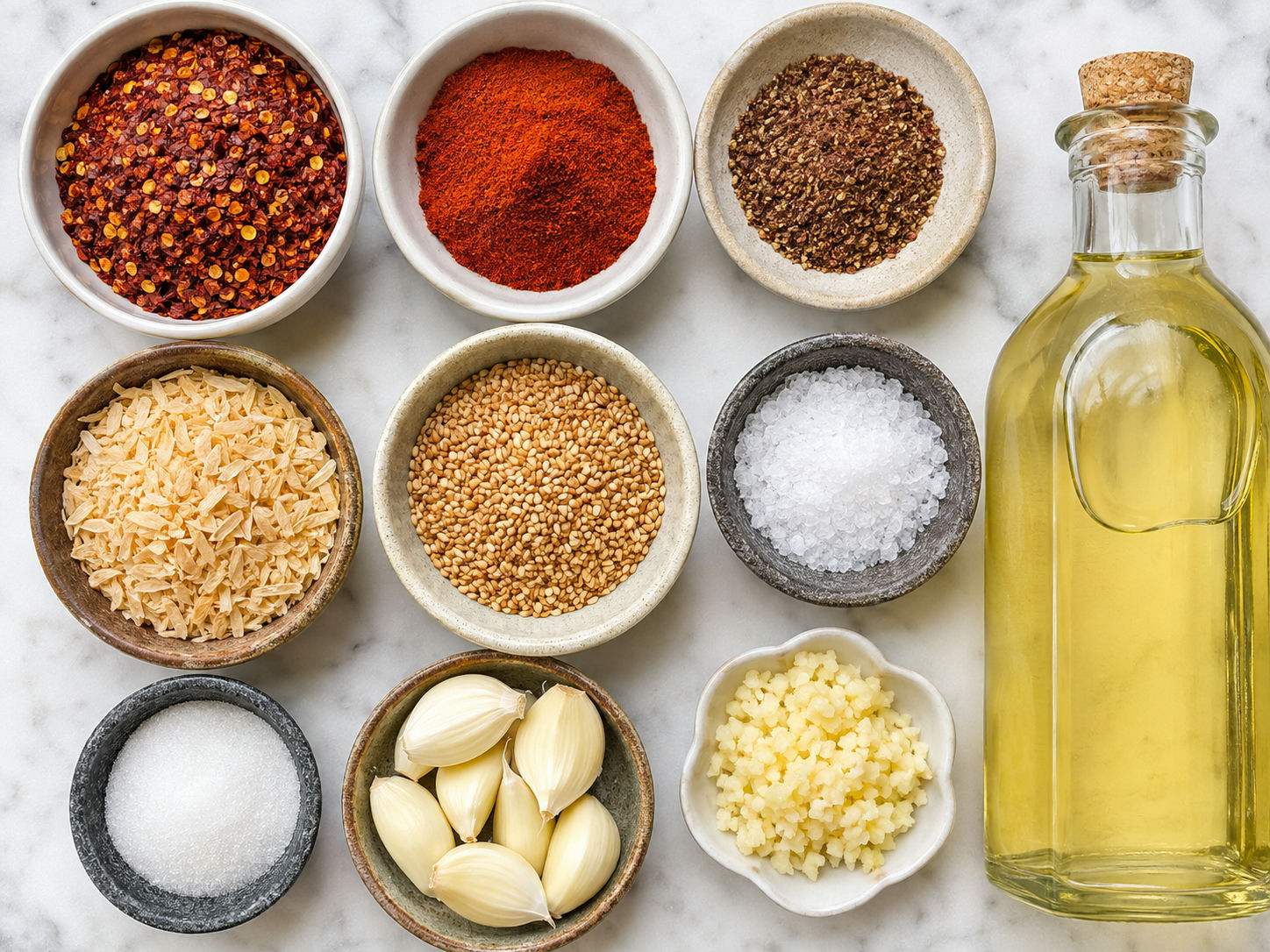 Ingredients for quick chili garlic oil with garlic, chili flakes, and oil