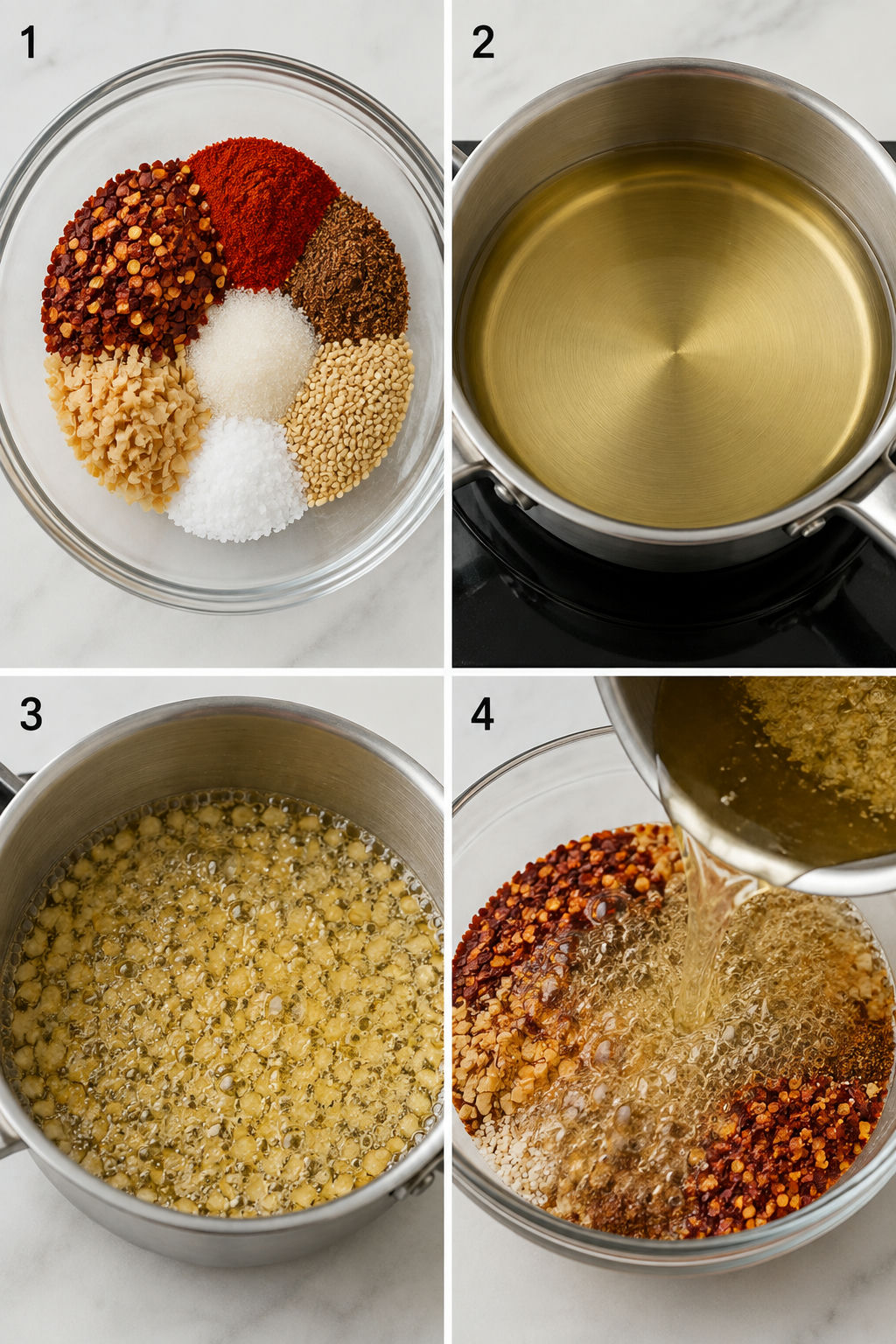 Four steps for making quick chili garlic oil with spices and garlic oil