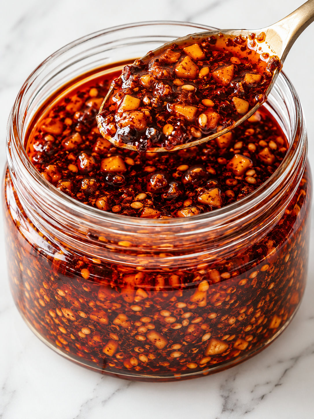 Glossy quick chili garlic oil with golden garlic bits in a spoon