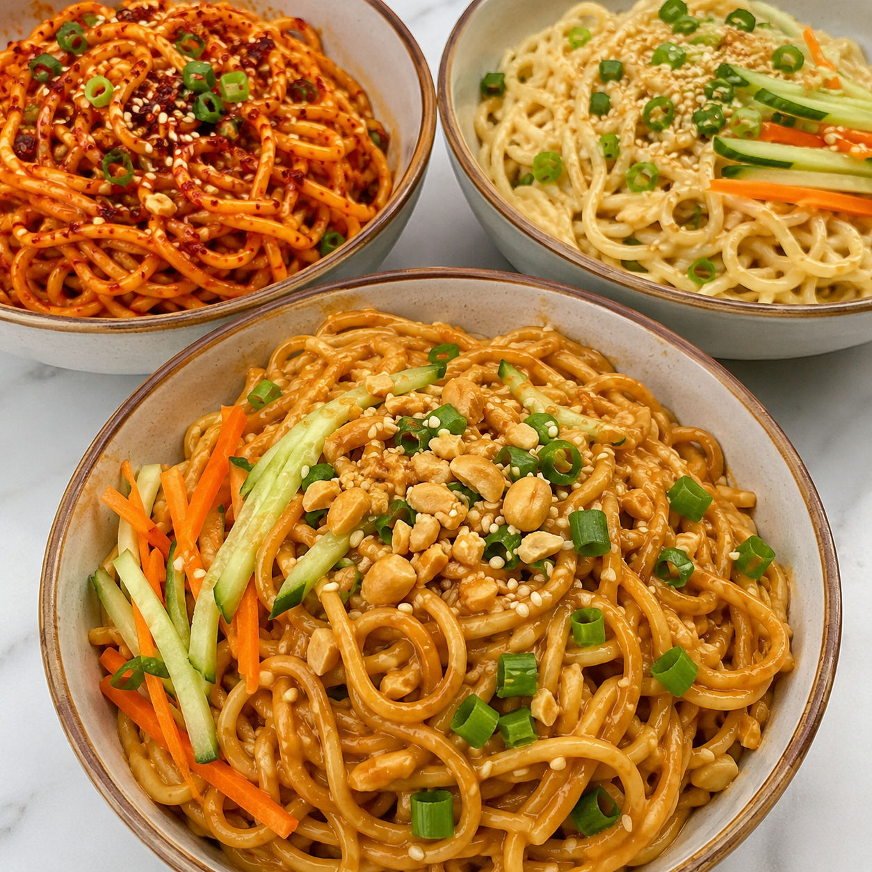 Three saucy noodle bowls with sesame, scallions, cucumber, and peanuts