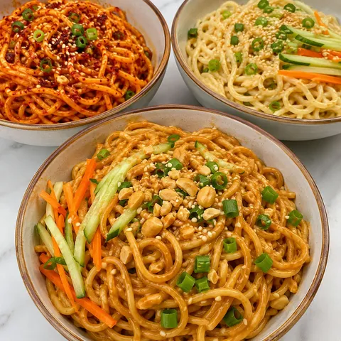 Three saucy noodle bowls with sesame, scallions, cucumber, and peanuts