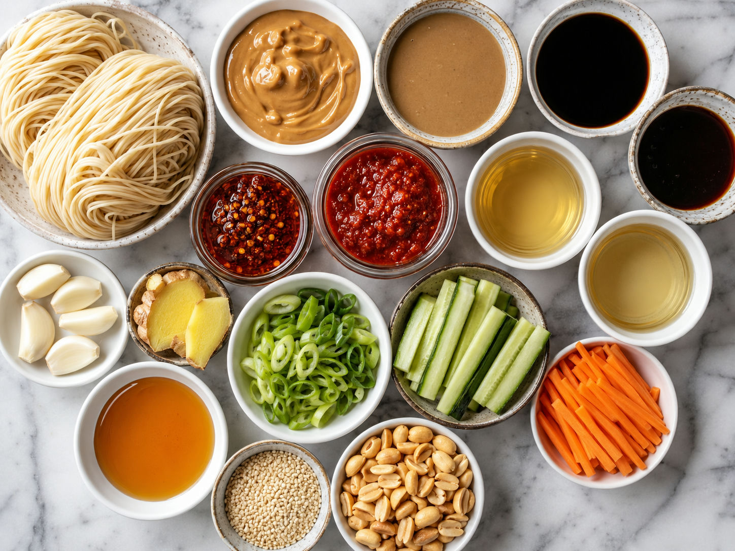 Noodle bowl ingredients with peanut butter, chili oil, cucumber, and sesame