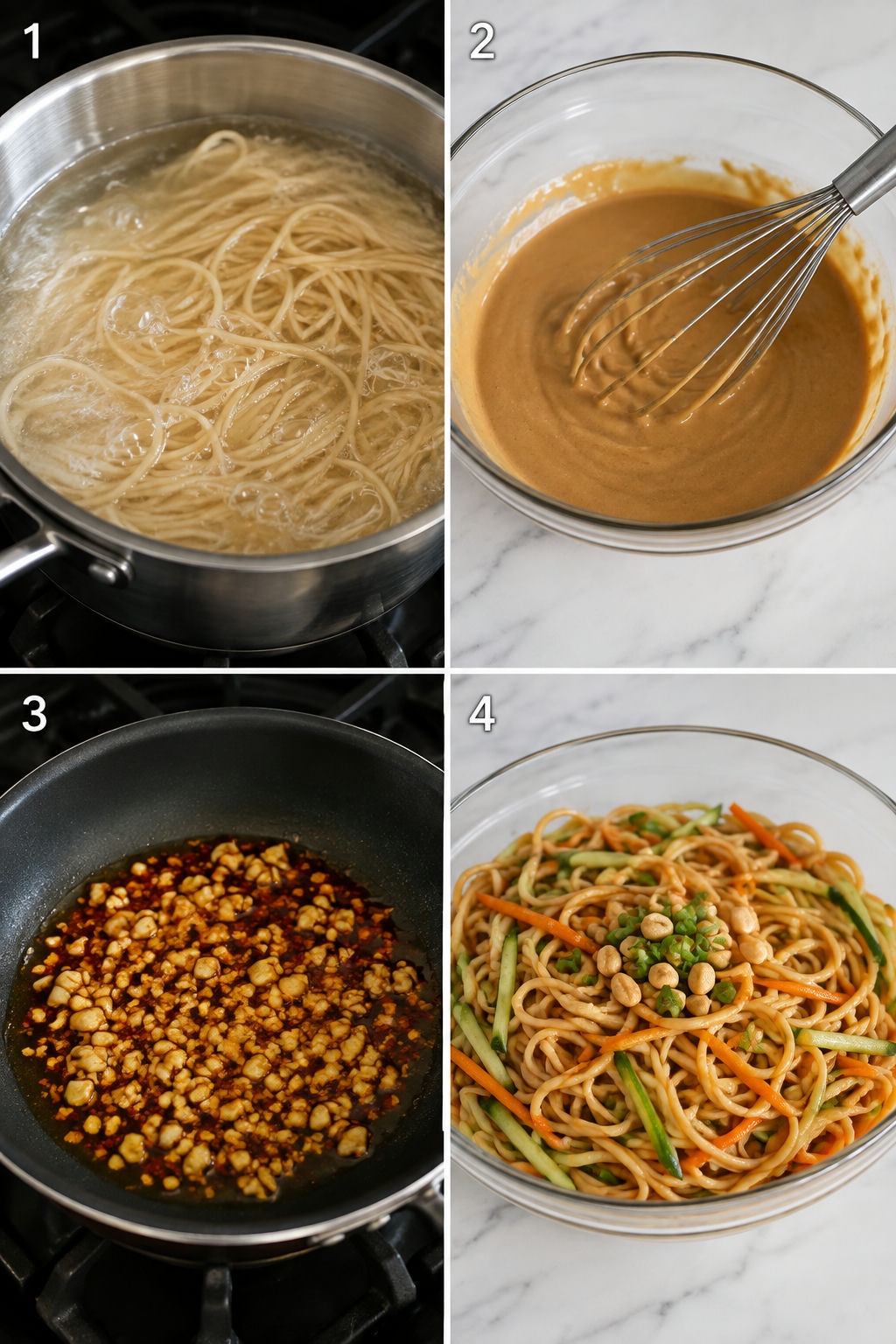 Four steps for boiling noodles and tossing peanut, chili, and sesame bowls