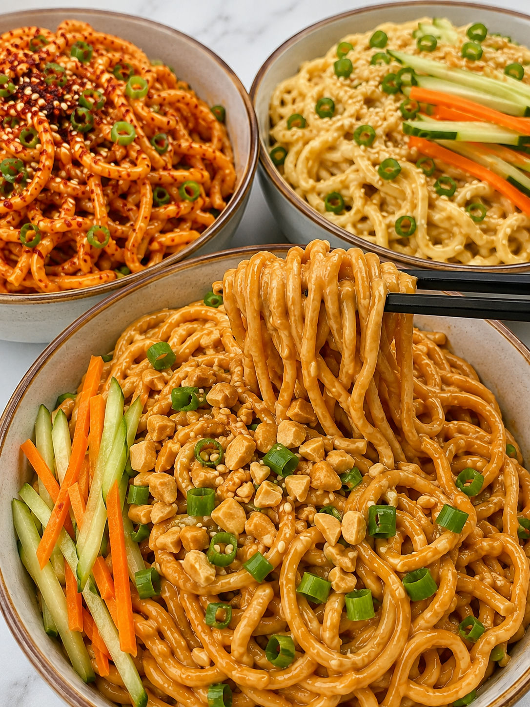 Saucy noodle bowls with glossy noodles, scallions, cucumber, and peanuts