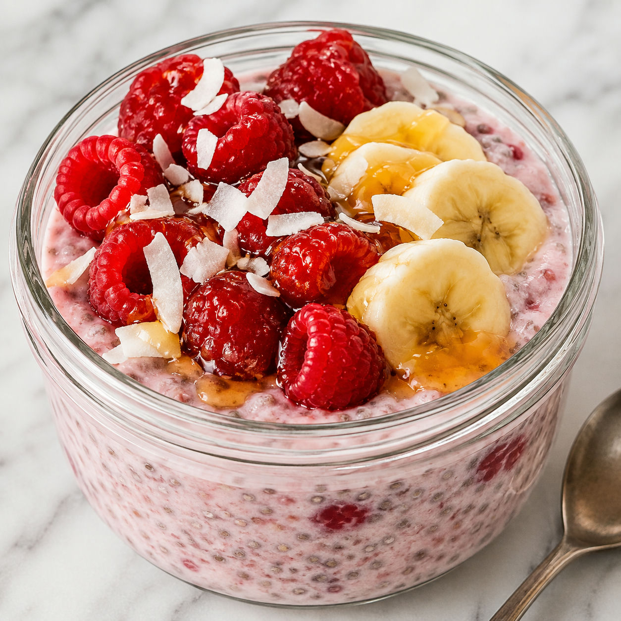 Raspberry chia pudding with banana, raspberries, coconut, and honey