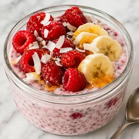 Raspberry chia pudding with banana, raspberries, coconut, and honey