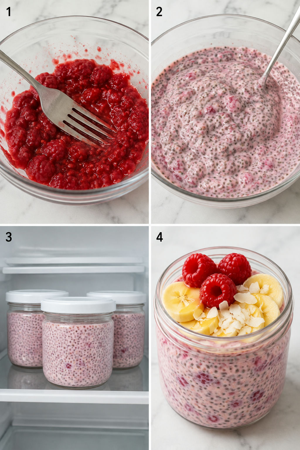 Four steps for making raspberry chia pudding in jars
