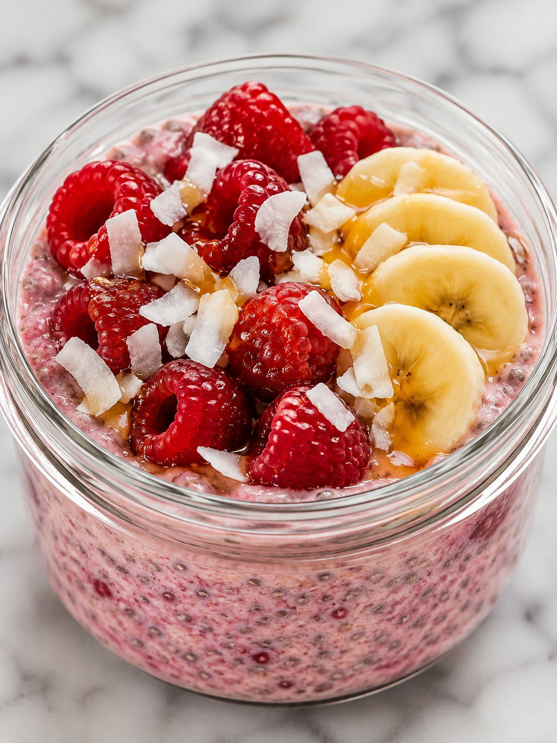Creamy raspberry chia pudding jar topped with banana and coconut