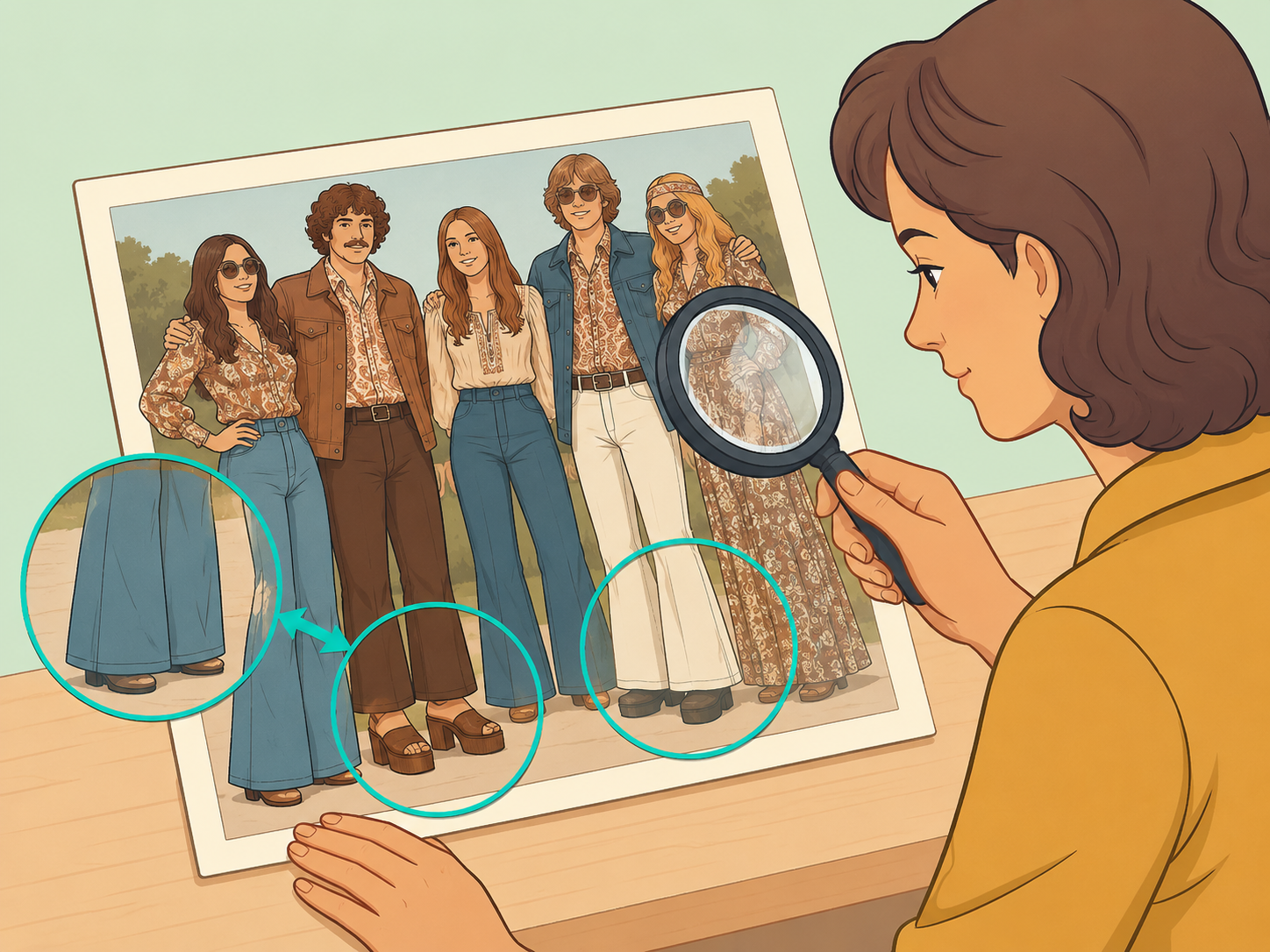 Person carefully examining a vintage 1970s photo and noticing clothing and background details.