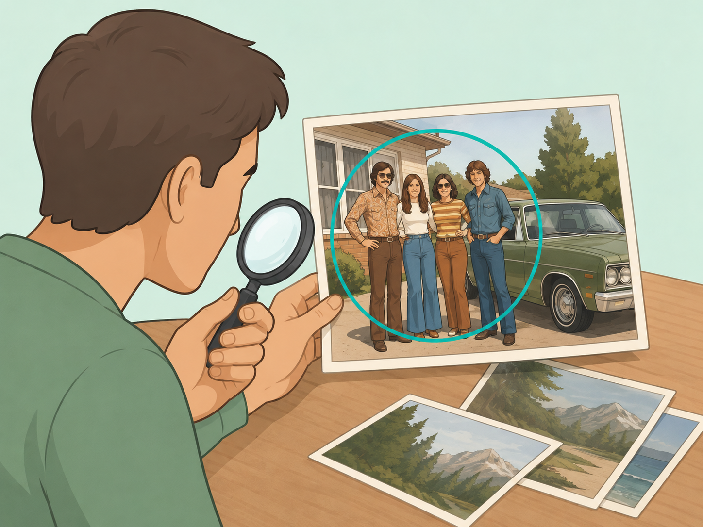 Person starting by observing visible details in an old photo.