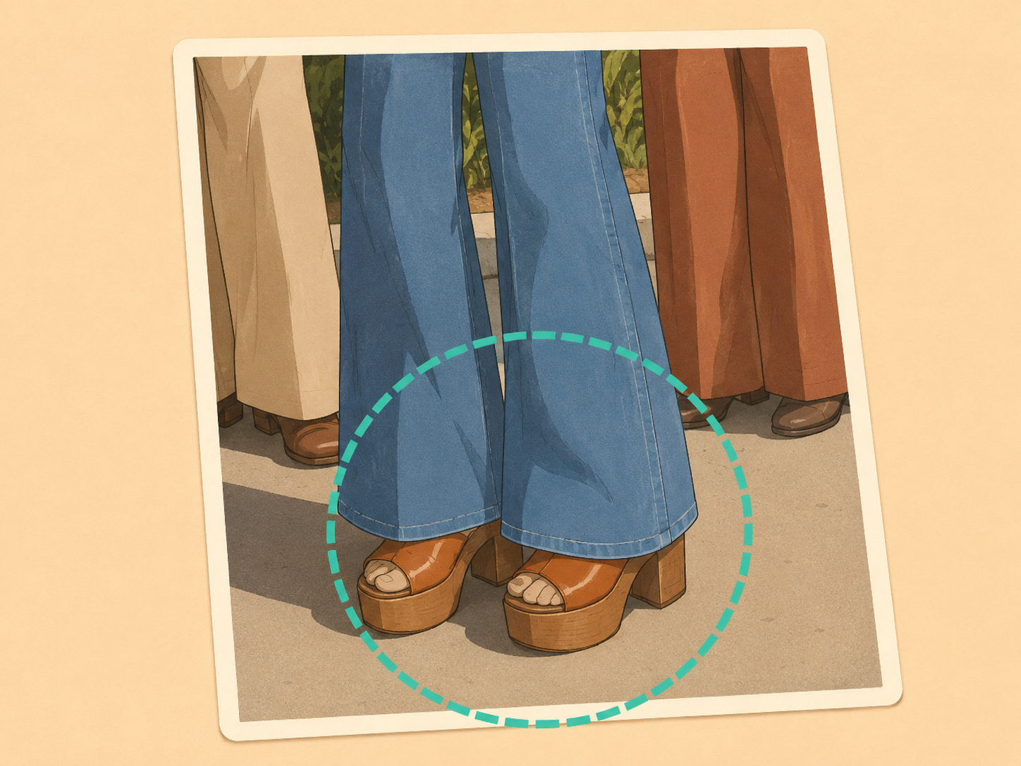 Platform shoes and wide-leg pants highlighted as possible 1970s fashion clues.