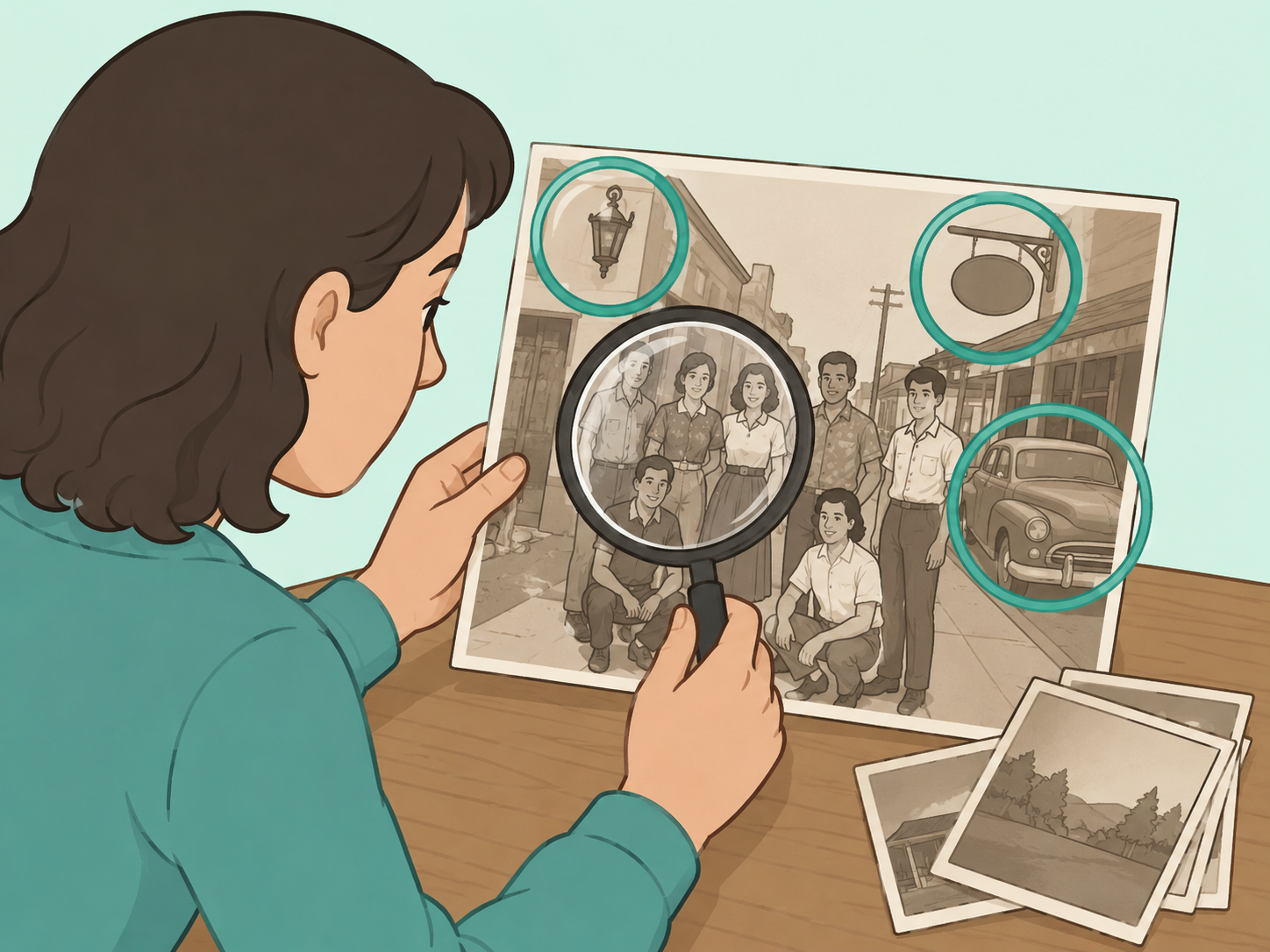 Person checking background details in a vintage photo for context clues.