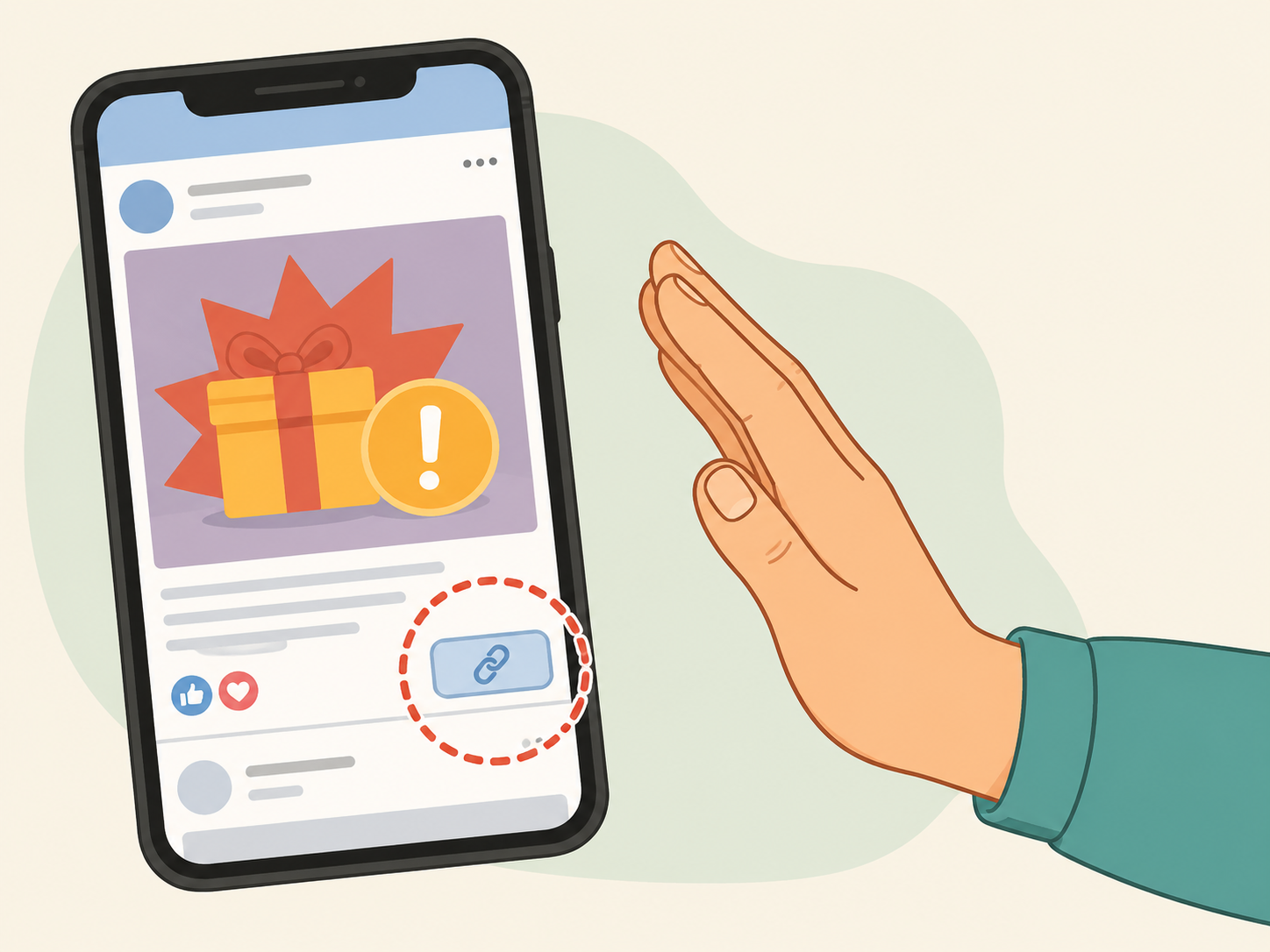 Person avoiding a suspicious link on a social media post.