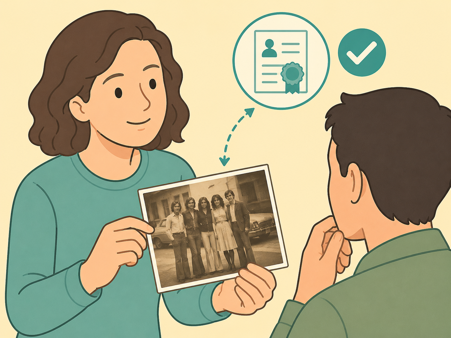 Person sharing a vintage photo carefully after checking the source.
