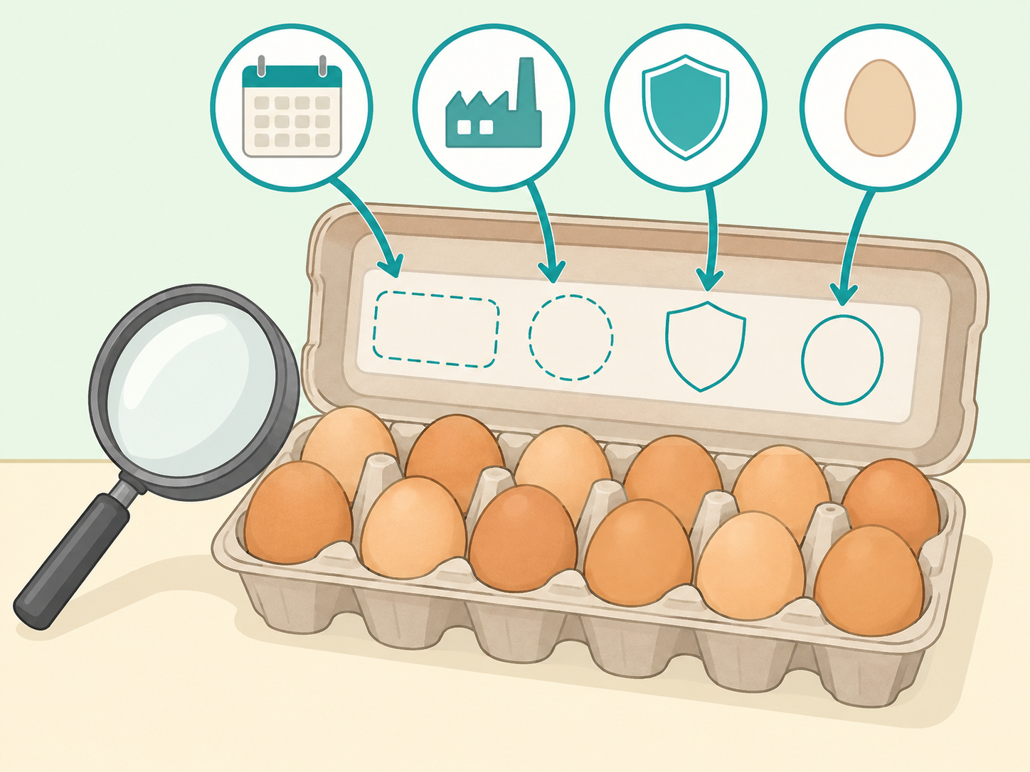 Illustration of an egg carton with highlighted areas for carton codes and labels.