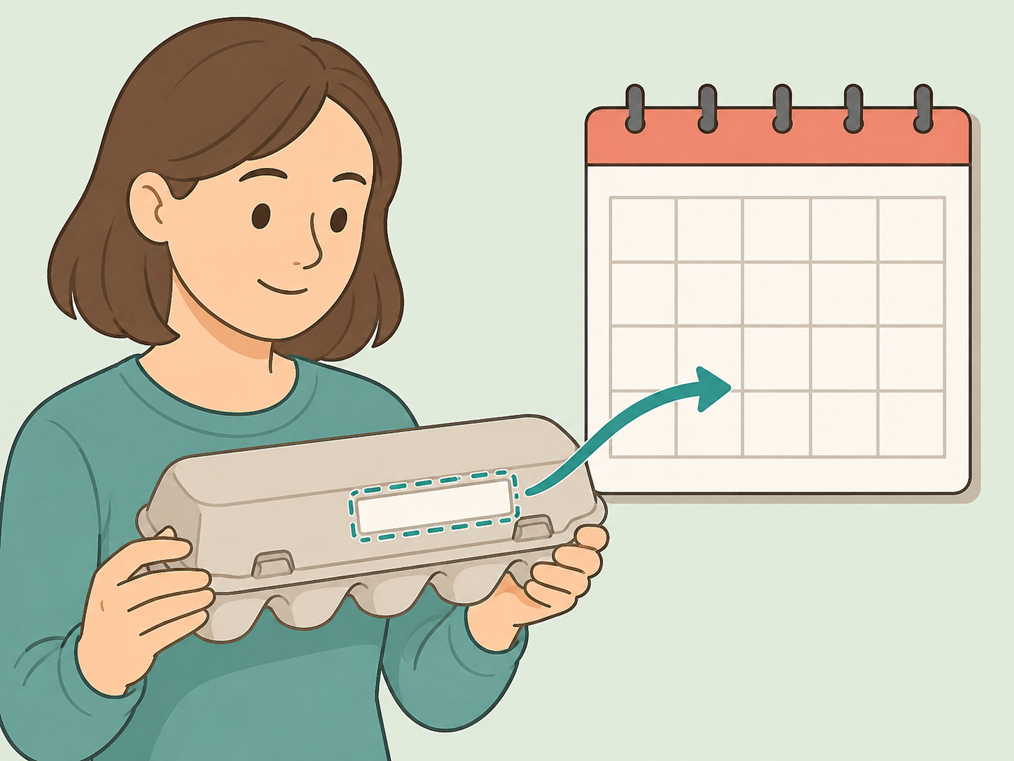 Person using a calendar to interpret the pack date on an egg carton.